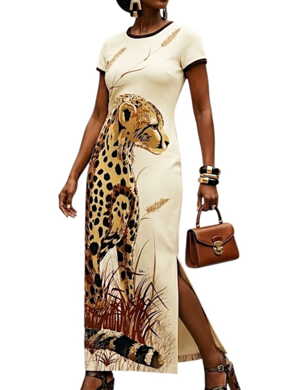 Vtg 70s Alfred Shaheen cream polyester screen print cheetah resort maxi dress 8